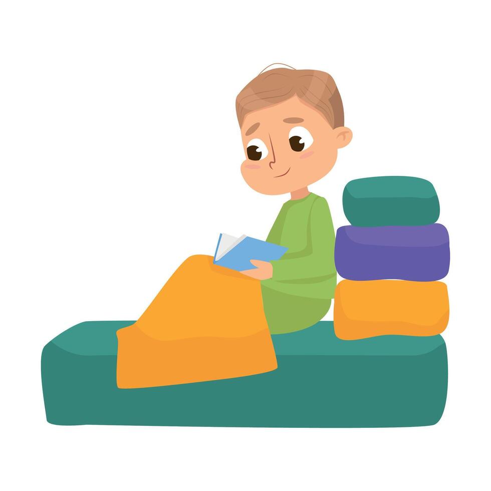 Cute Boy Reading Book in his Bed Before Bedtime Cartoon Style Illustration vector