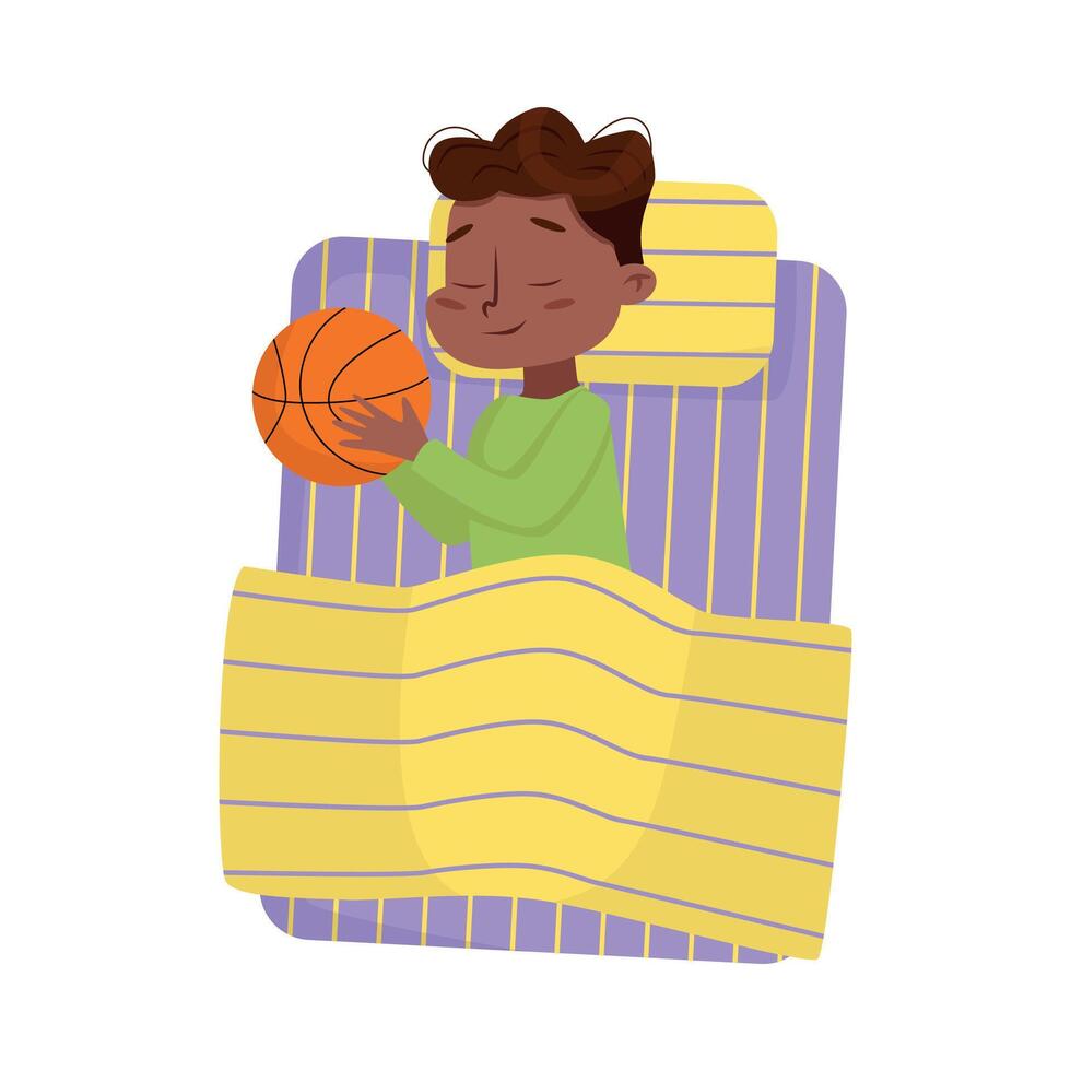 Cute African American Little Boy Sleeping Sweetly in his Bed with Basketball Ball, Bedtime, Sweet Dreams of Adorable Kid Concept Cartoon Style Illustration vector