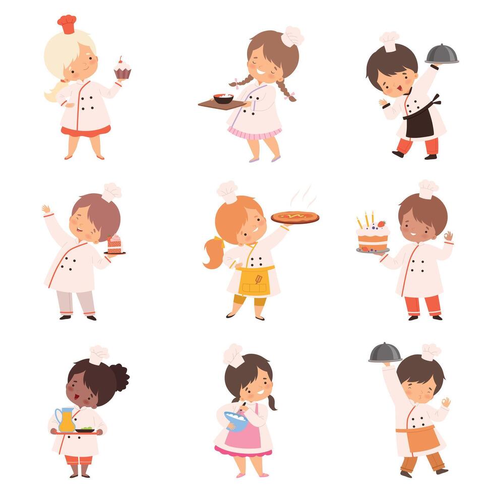 Cute Little Chefs Characters in Uniform Cooking in the Kitchen Set, Boys and Girls with Kitchenware Utensils and Freshly Prepared Dishes Cartoon Style Illustration vector