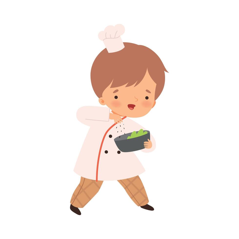 Cute Boy with Bowl, Cute Little Chef Character in Uniform Cooking in the Kitchen Cartoon Style Illustration vector