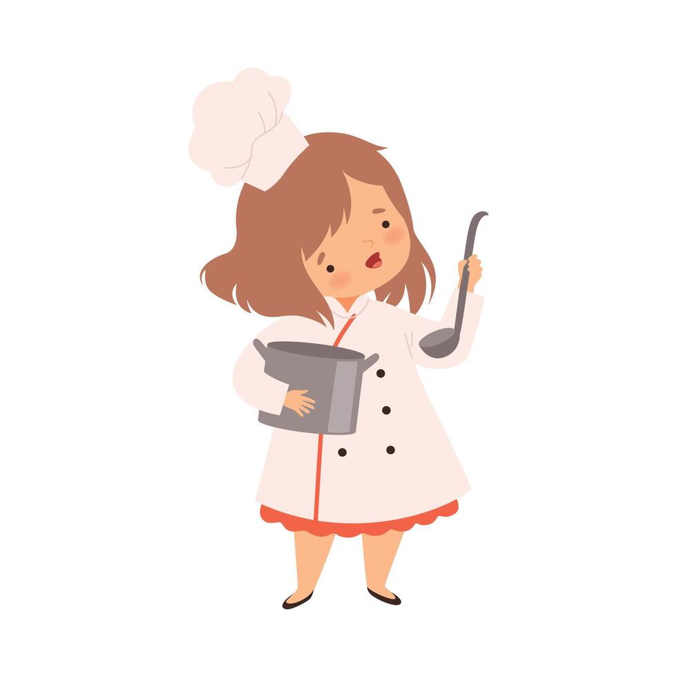 Cute Girl with Saucepan and Ladle, Cute Little Chef Character in Uniform Cooking in the Kitchen Cartoon Style Illustration vector