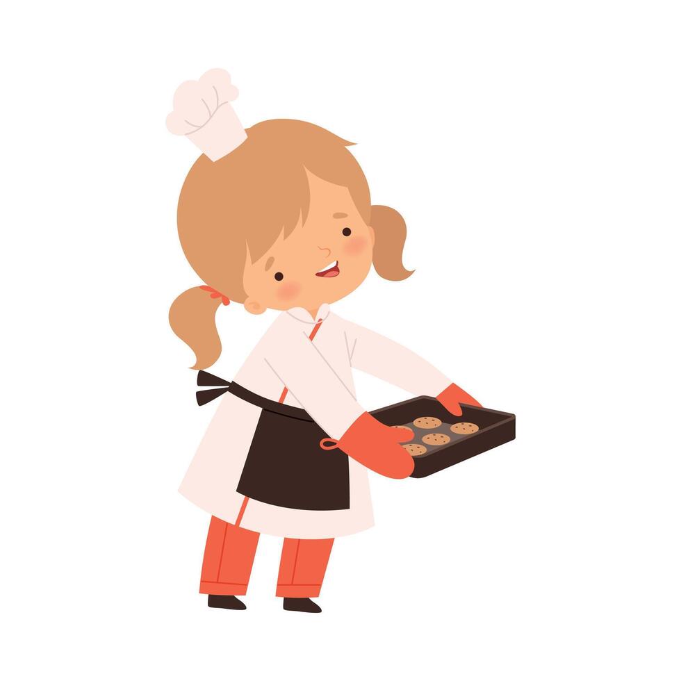Cute Boy Holding Baking Cookies, Cute Little Chef Character in Uniform Cooking in the Kitchen Cartoon Style Illustration vector
