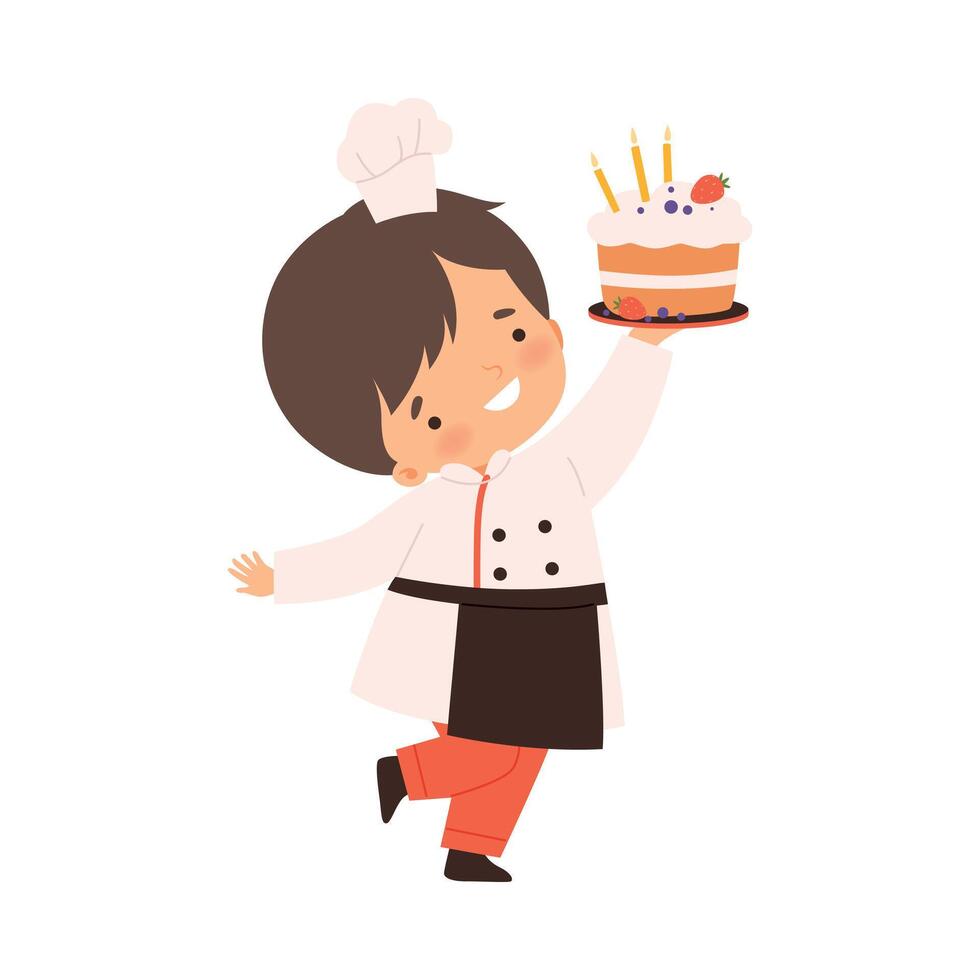 Cute Boy Holding Birthday Cake, Cute Little Chef Character in Uniform Cooking in the Kitchen Cartoon Style Illustration vector