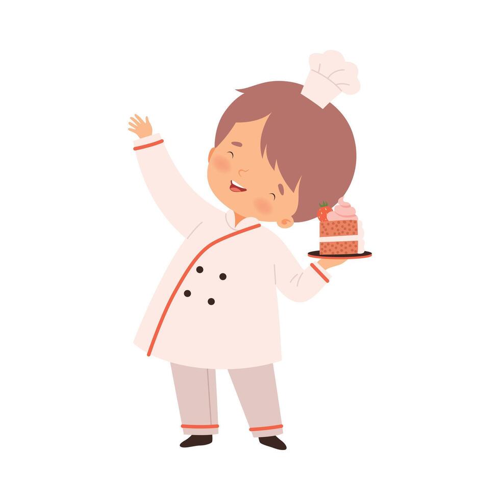 Adorable Boy Holding Cupcake Dessert, Cute Little Chef Character in Uniform Cooking in the Kitchen Cartoon Style Illustration vector