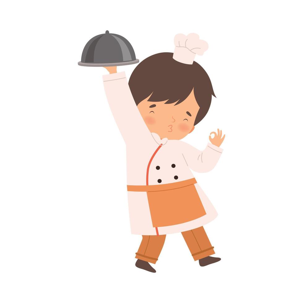 Cute Boy with Platter, Cute Little Chef Character in Uniform Cooking in the Kitchen Cartoon Style Illustration vector