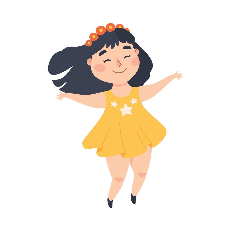 Cute Girl Happily Jumping, Joyful Kid Having Fun Cartoon Style Illustration vector