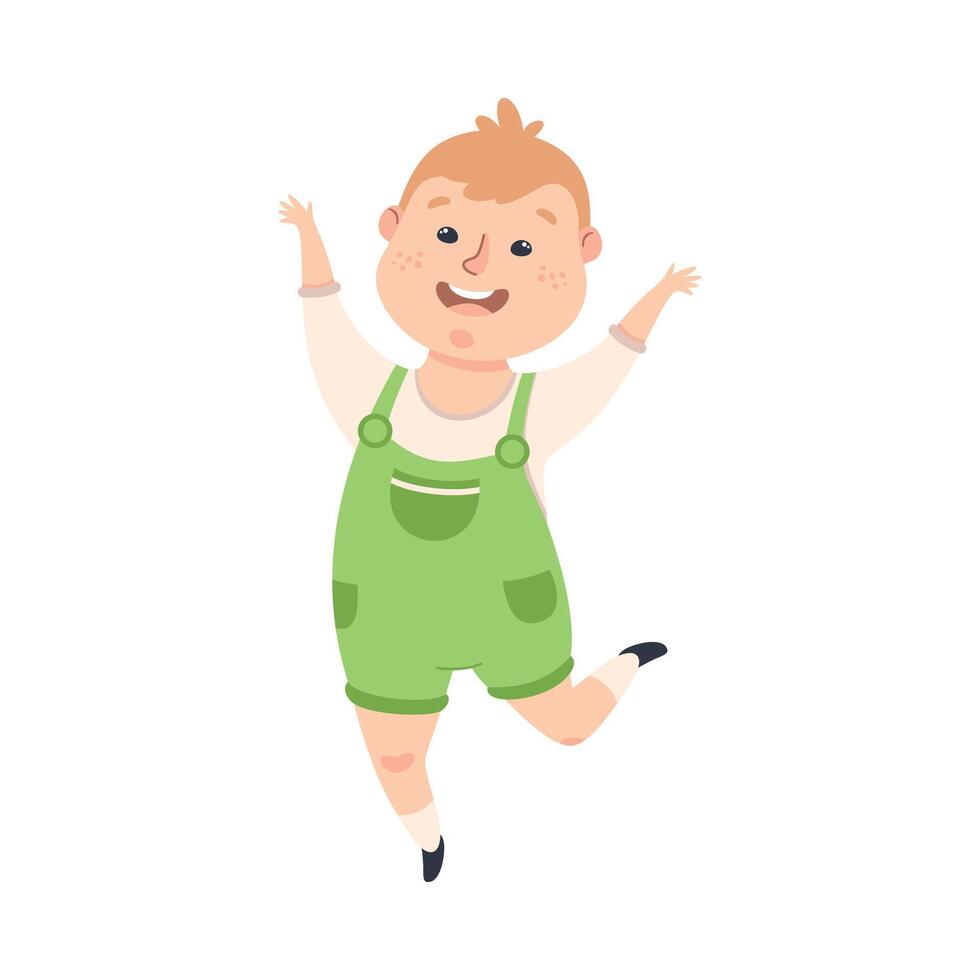 Smiling Boy Happily Jumping, Joyful Kid Having Fun Cartoon Style Illustration vector