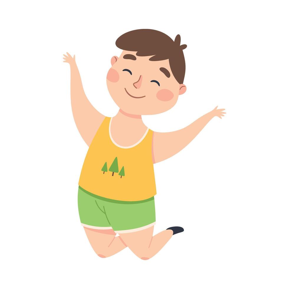 Cute Little Boy Happily Jumping, Joyful Kid Having Fun Cartoon Style Illustration vector