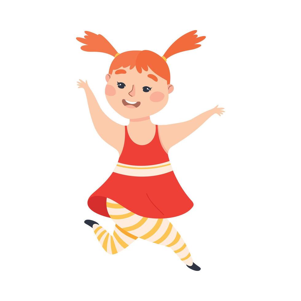 Cute Funny Girl Happily Jumping, Joyful Kid Having Fun Cartoon Style Illustration vector