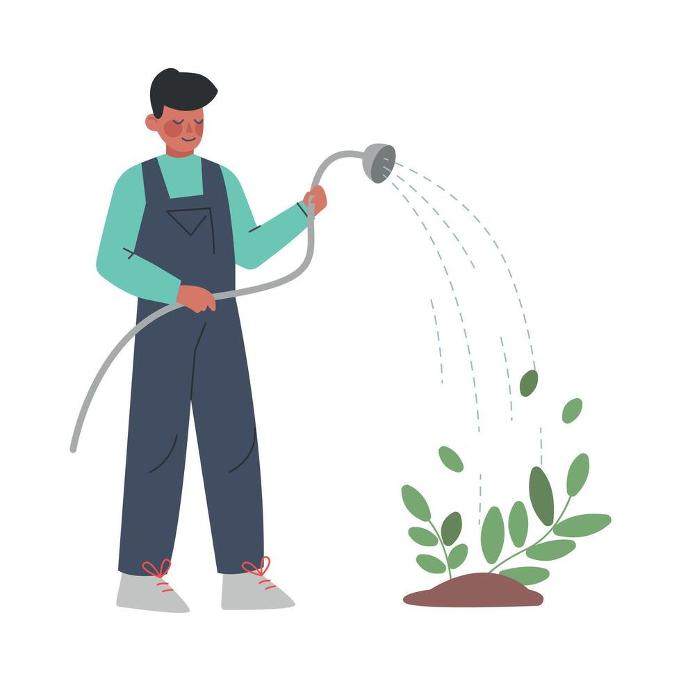 Man Farmer Gardener Watering Plants Using Hose, Male Agricultural Worker Character in Overalls Working in Garden Cartoon Style Illustration vector