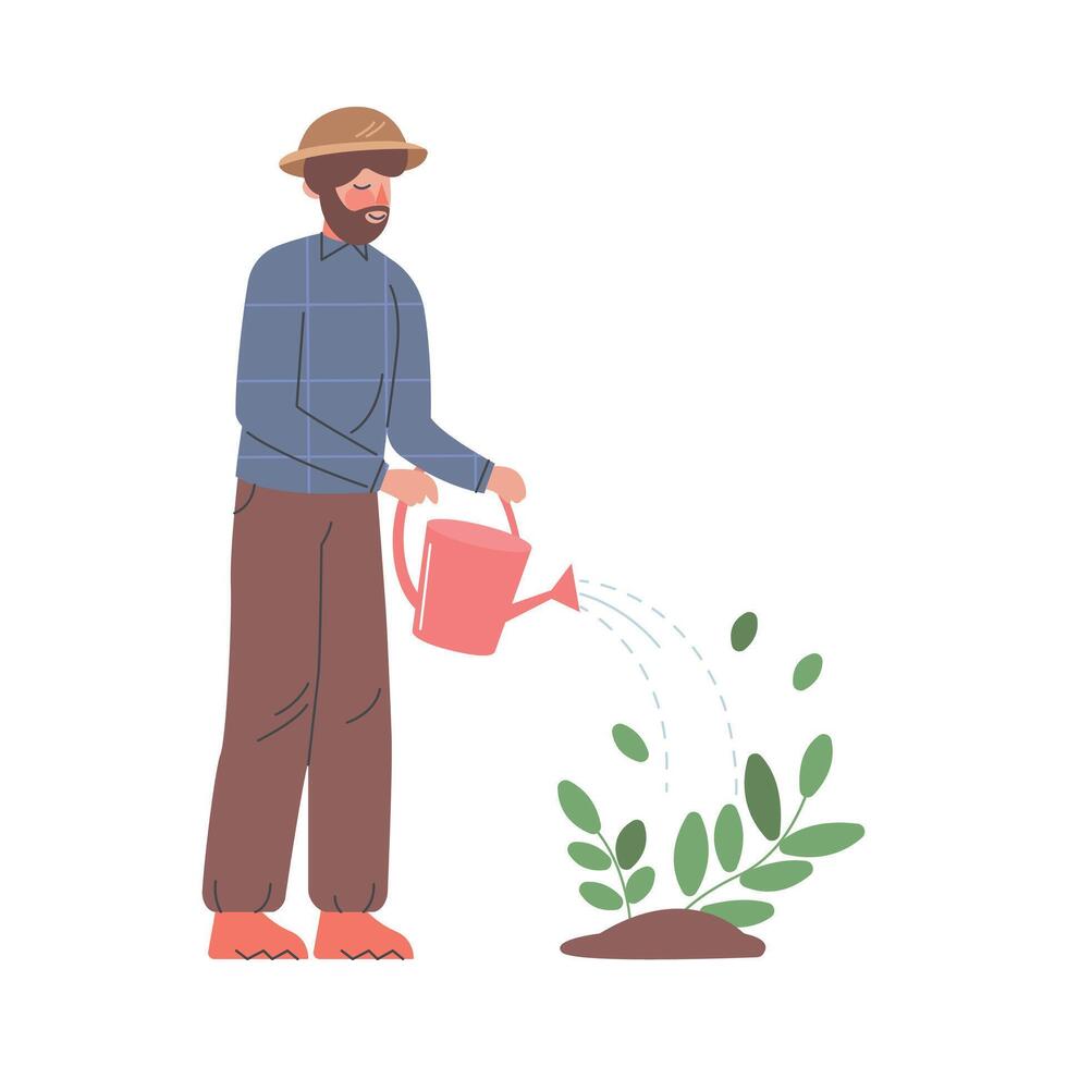 Man Farmer with Watering Can, Male Agricultural Worker Character Working in Garden, Eco Farming Concept Cartoon Style Illustration vector