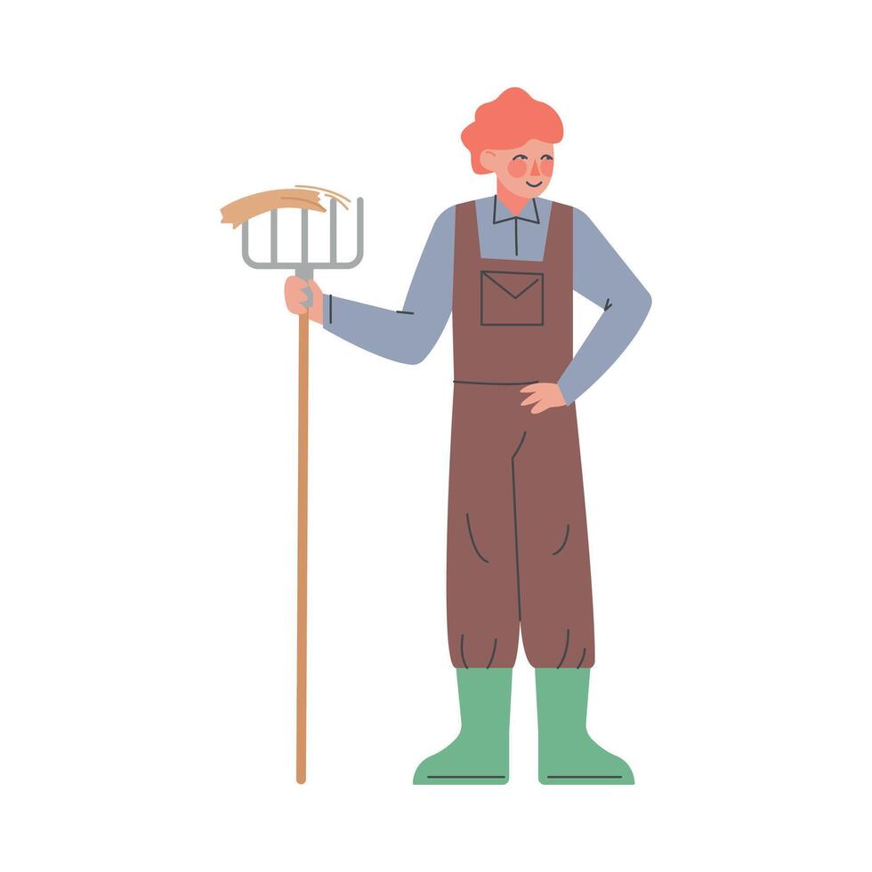 Man Farmer with Pitchfork, Male Agricultural Worker Gardener Character in Overalls Working on Farm, Eco Farming Concept Cartoon Style Illustration vector