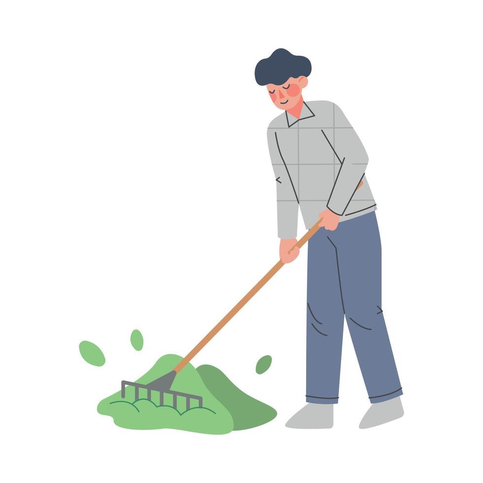 Man Farmer Using Rake, Male Agricultural Worker Gardener Character in Overalls Working on Farm, Eco Farming Concept Cartoon Style Illustration vector