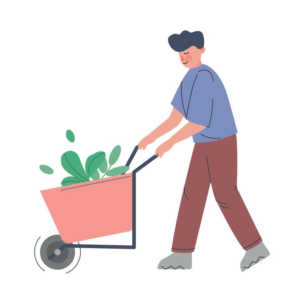 Man Farmer Pushing Wheelbarrow, Male Agricultural Worker Gardener Character Working on Farm, Eco Farming Concept Cartoon Style Illustration vector