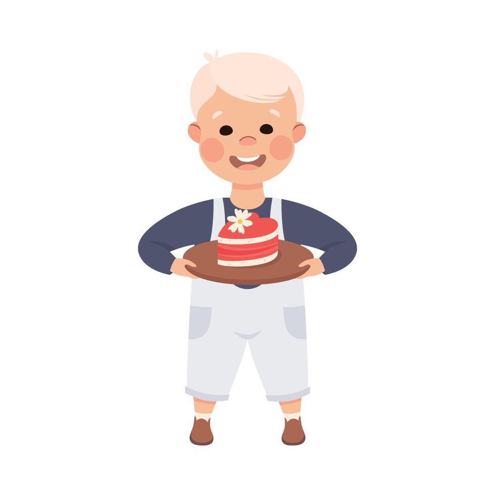 Cute Boy Holding Cake in Shape of Heart, Adorable Child Character with Romance Feelings Symbol, Happy Valentines Day Concept Cartoon Illustration vector