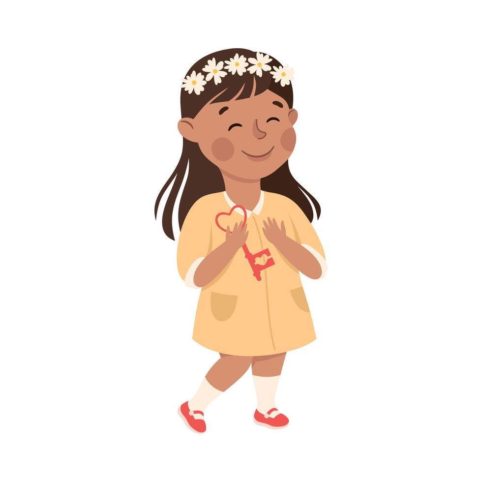 Cute Girl in Wreath of Flowers Holding Key from Heart, Adorable Child Character with Romance Feelings Symbol, Happy Valentines Day Cartoon Illustration vector