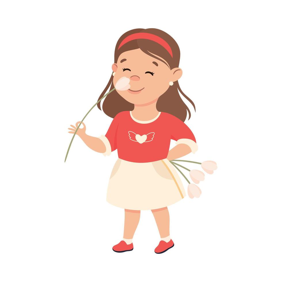 Cute Girl with Bouquet Tulip Flowers, Adorable Child Character with Romance Feelings Symbols, Happy Valentines Day Concept Cartoon Illustration vector