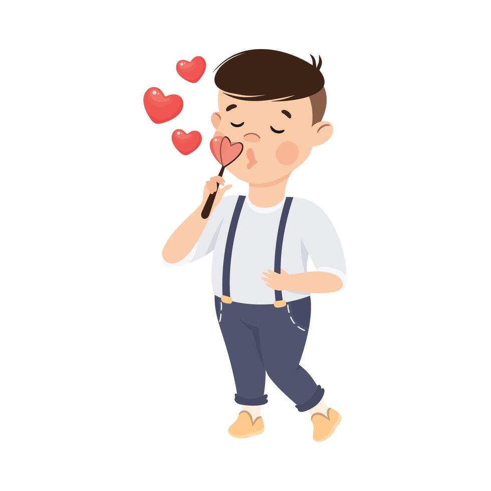 Cute Boy Blowing Soap Bubbles in Shape of Hearts, Adorable Child Character with Romance Feelings Symbols, Happy Valentines Day Cartoon Illustration vector