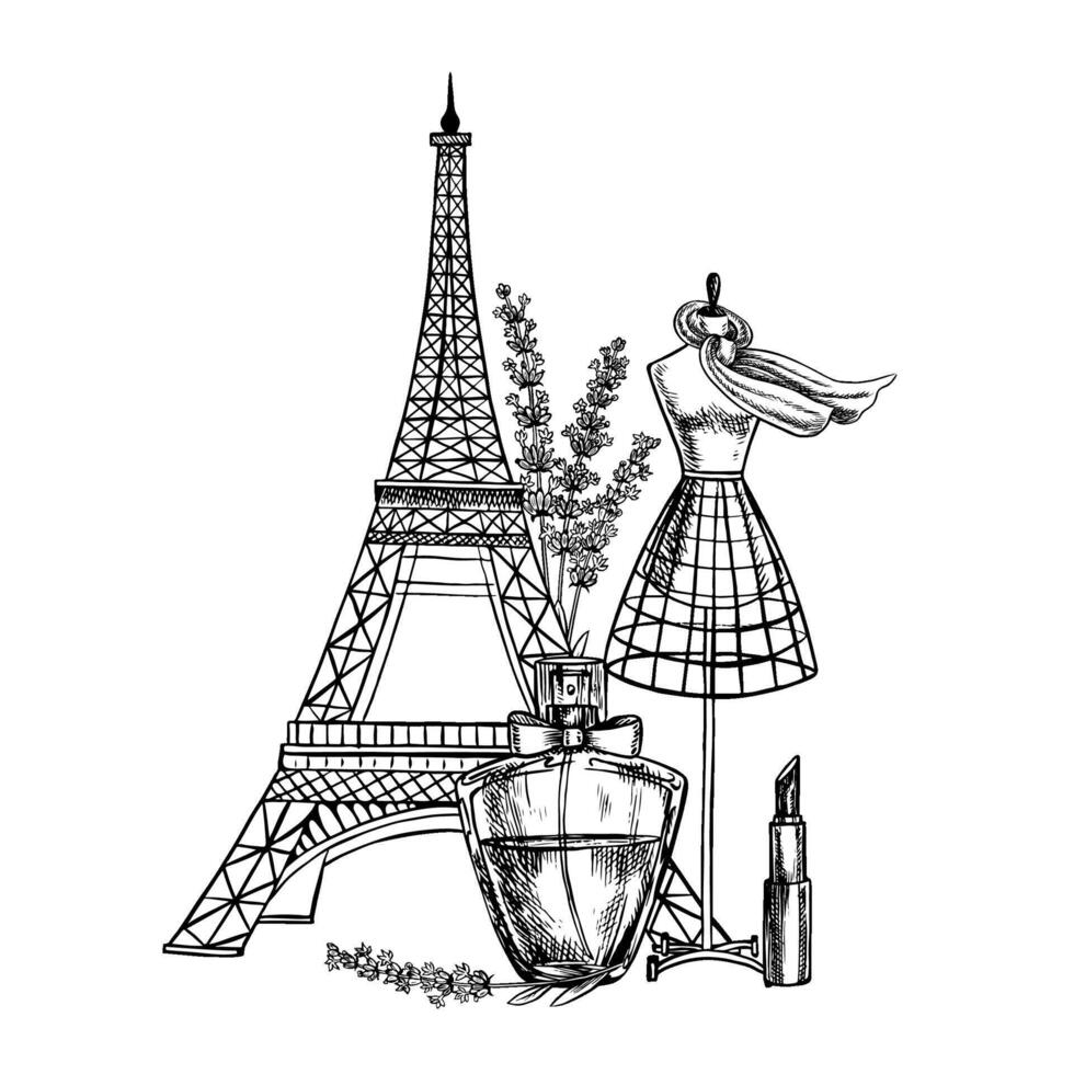 French beauty and fashion. A black-and-white illustration made by hand in a graphic style. A bottle of lavender perfume, a female mannequin, lipstick and the Eiffel Tower. For design solutions. vector