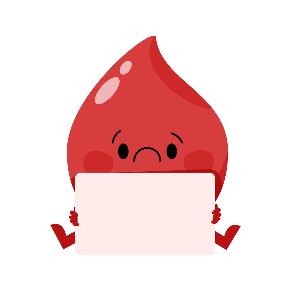 Upset cute blood drop character sitting and holding sign vector