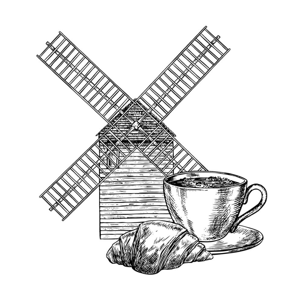 A cup of coffee and French pastries with a croissant in the background of the Moulin de la Galette. Hand-drawn black and white illustration. French pastries. For packaging, labels, and menus. vector