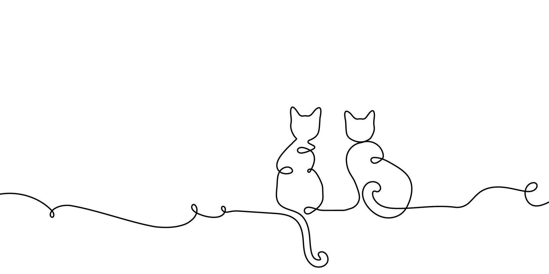 Cat line continuous drawing sketch animal one pet outline draw. Two cat line happy doodle couple 2 kitten white black background cute clipart friendship silhouette contour illustration back art vector
