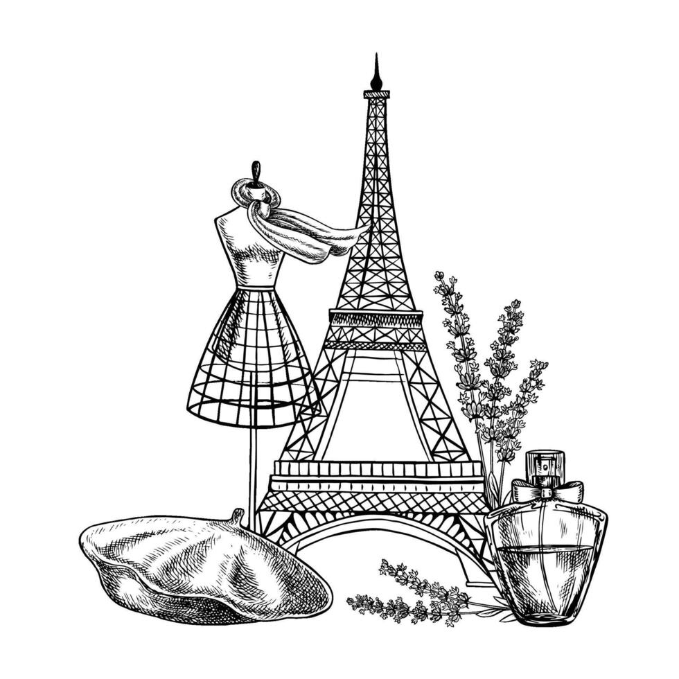 French beauty and fashion. Black and white illustration made by hand in a graphic style. A bottle of lavender perfume, a female mannequin, a beret, and the Eiffel Tower. For design solutions. vector