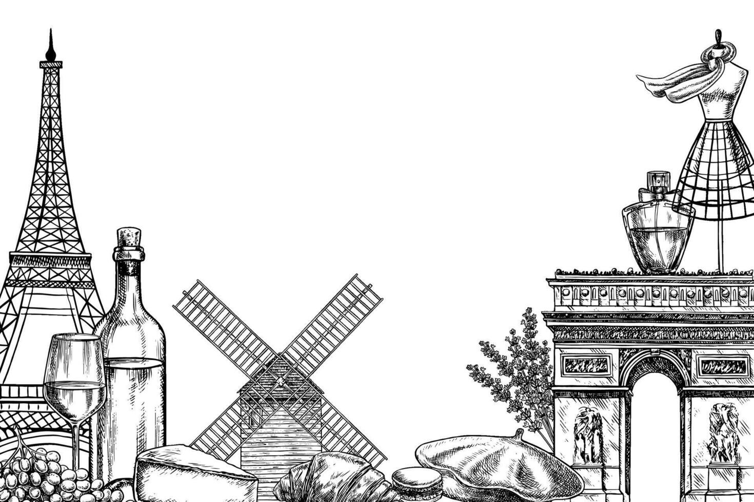 Border frame France. , hand-drawn illustration in the style of graphics. Paris landmarks. Fashion, cuisine, wine, architecture. For packaging and labels. For banners, posters, and postcards. vector