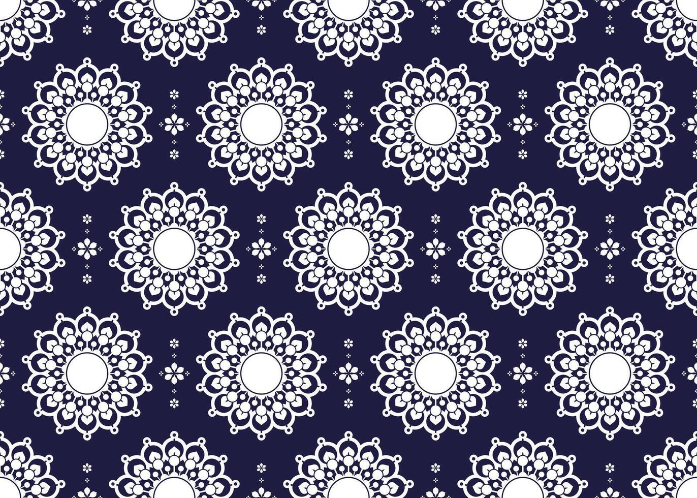 Mandalas, ethnic fabric seamless pattern, blue and white style, design for cloth, carpet, batik, wallpaper vector
