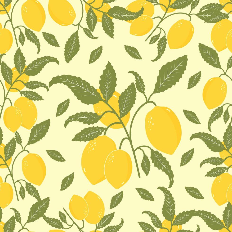 Tropical seamless pattern with yellow lemons. Fruit repeated background. Bright print for fabric or wallpaper. vector