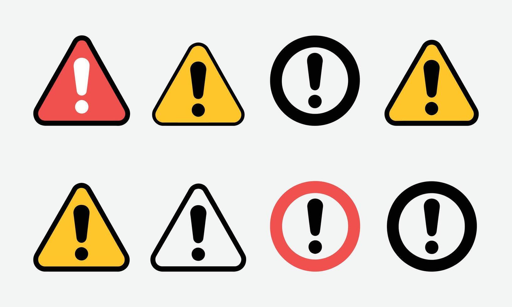 Exclamation mark warning icons set in different colors and shapes vector