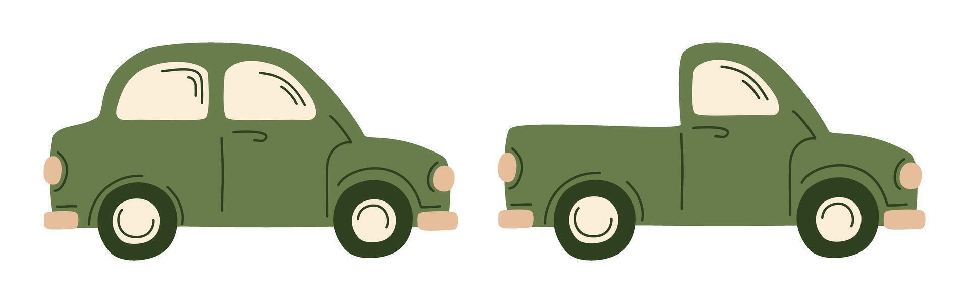 Set of two vintage green farmers vehicles, compact car, pickup truck. Hand-drawn retro automobile illustration in cute flat style. Perfect for travel, countryside, and nostalgic designs. vector