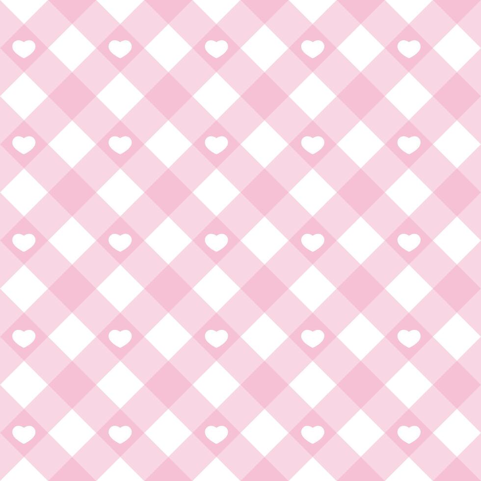 Gingham heart diagonal seamless pattern in pastel pink color. Vichy plaid design for Easter holiday textile decorative. checkered pattern for fabric picnic blanket, tablecloth, dress, napkin. vector