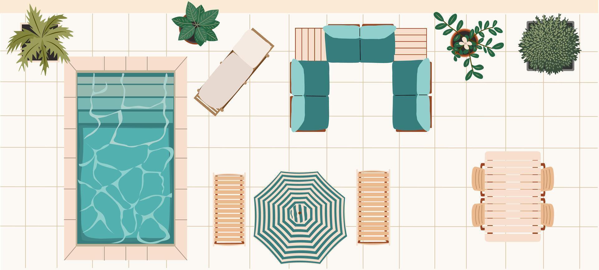 Top view swimming pool patio lounge zone vector