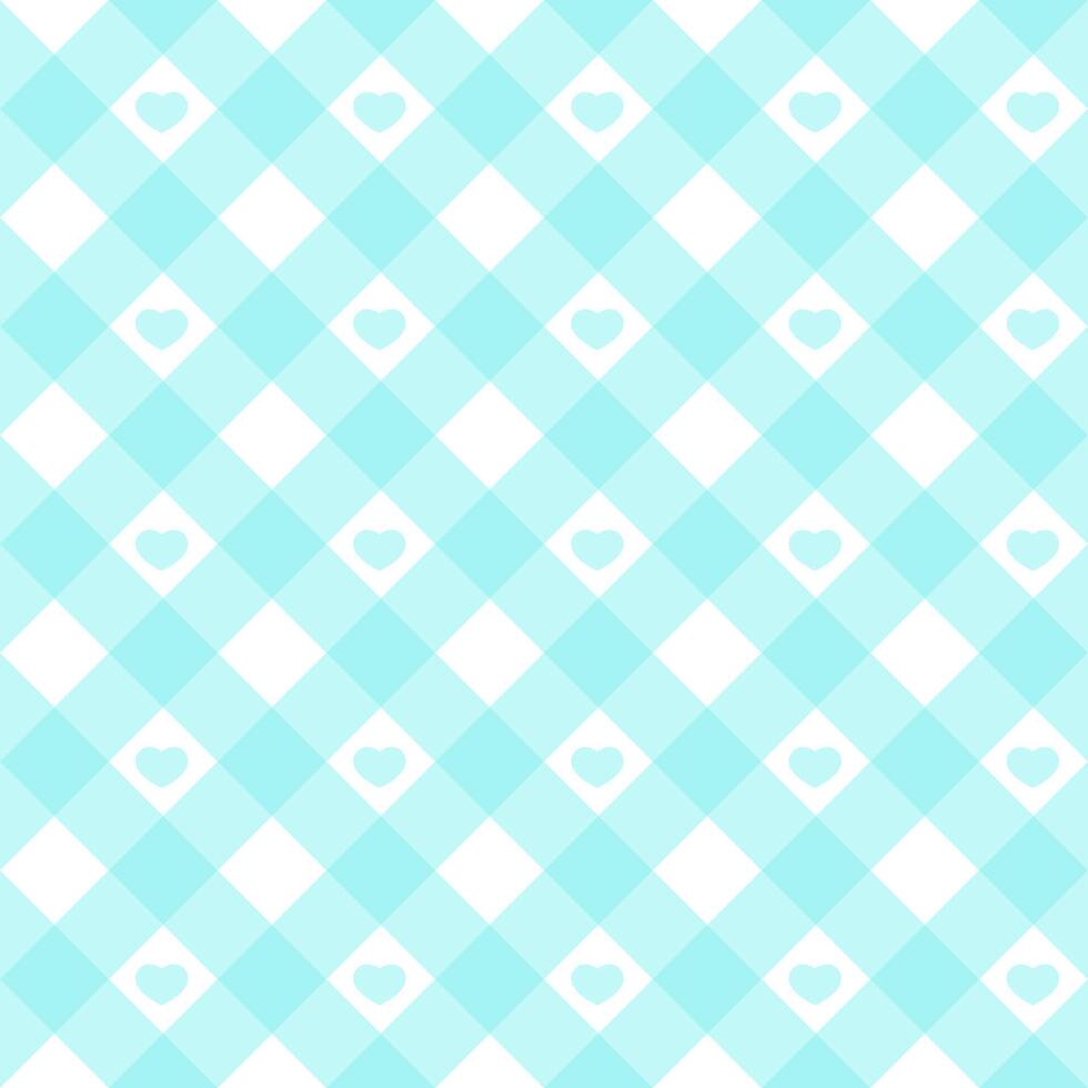 Gingham heart diagonal seamless pattern in blue pastel color. Vichy plaid design for Easter holiday textile decorative. checkered pattern for fabric picnic blanket, tablecloth, dress, napkin. vector