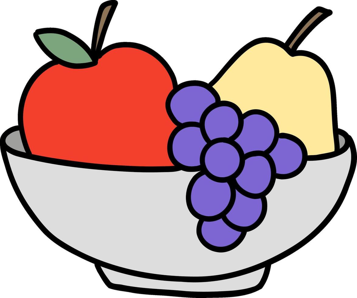 Kitchenware hand drawn doodle, Fruit bowl with an apple, pear, and grapes. vector