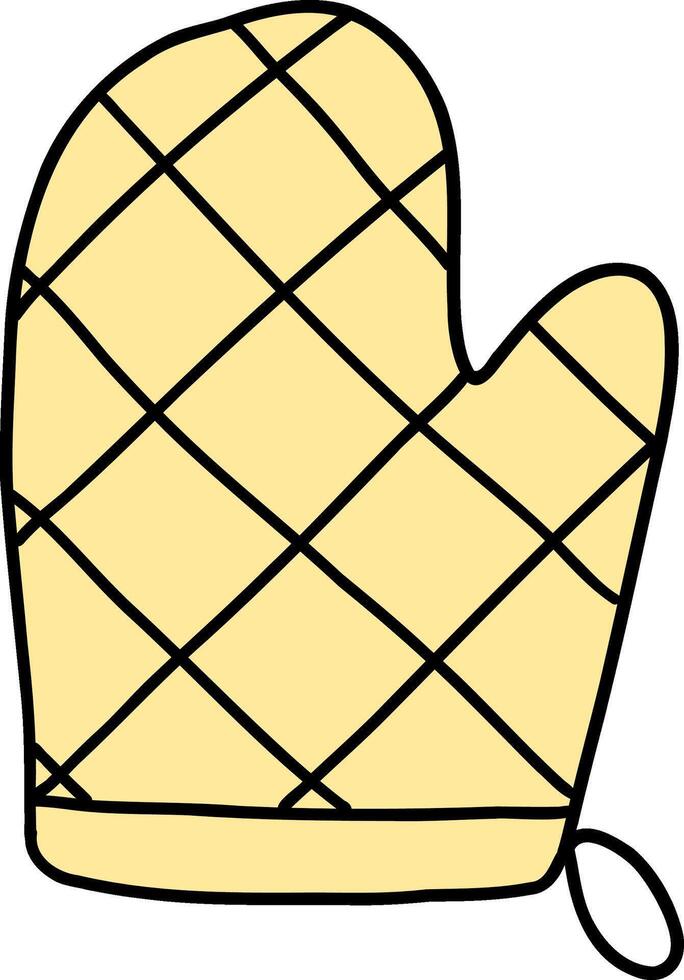 Kitchenware hand drawn doodle, Yellow quilted oven mitt with a loop for hanging. vector