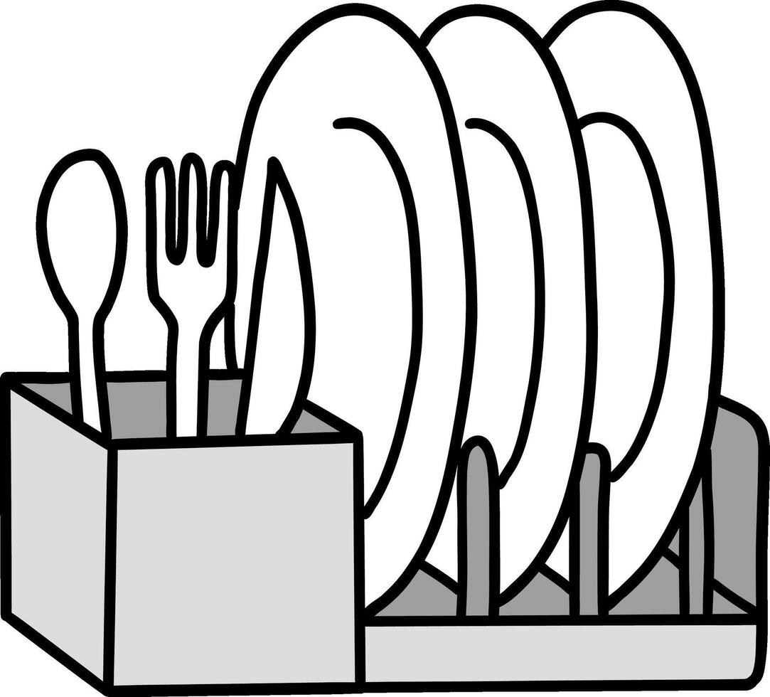 Kitchenware hand drawn doodle, Dish rack with plates and cutlery drying after washing. vector