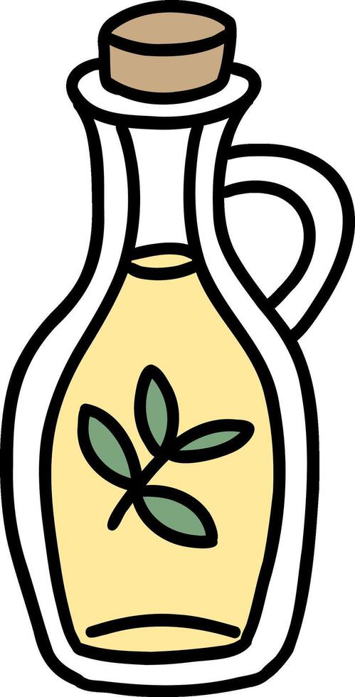 Kitchenware hand drawn doodle, Glass bottle of oil with a green leaf design on the label. vector