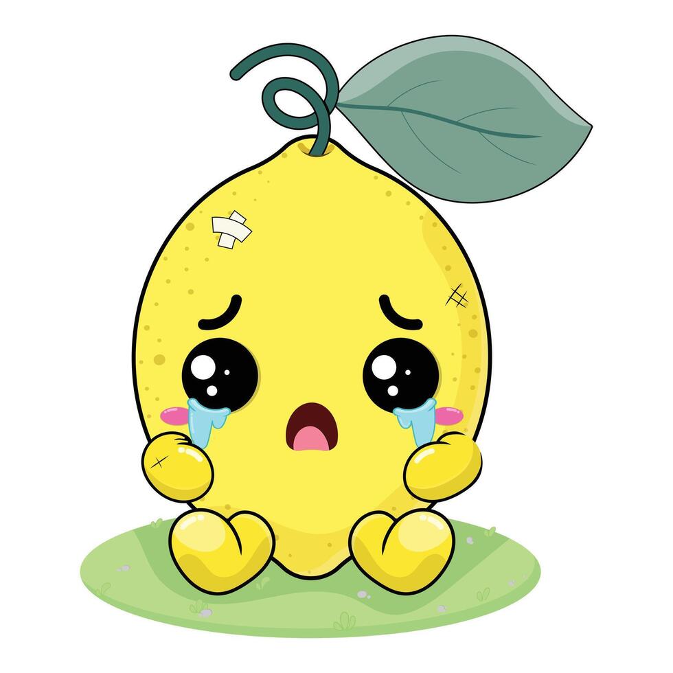 Sad And Crying Lemon Cartoon Character With Wound On His Body Sitting On The Green Grass vector