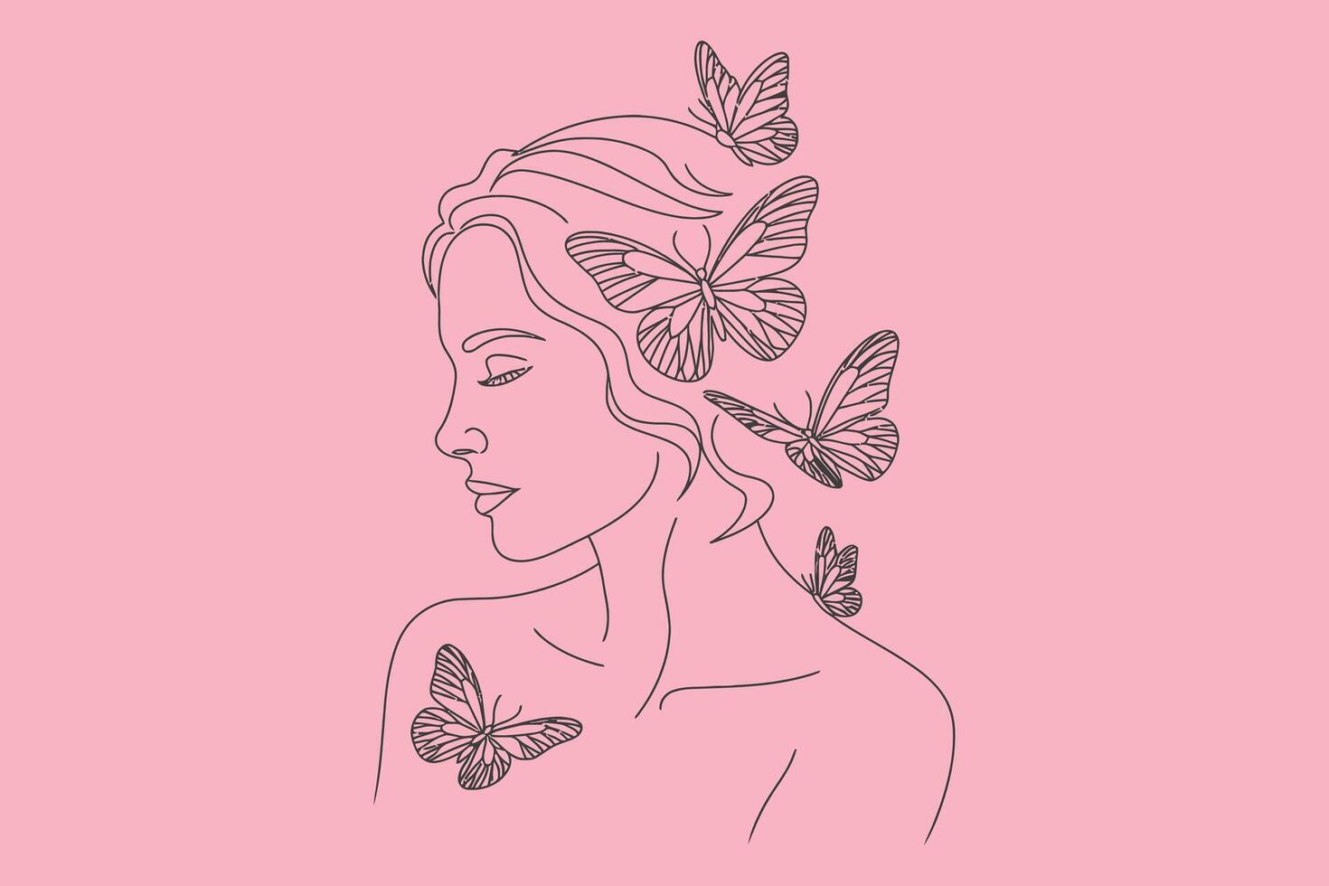 Serene woman with butterflies line art vector