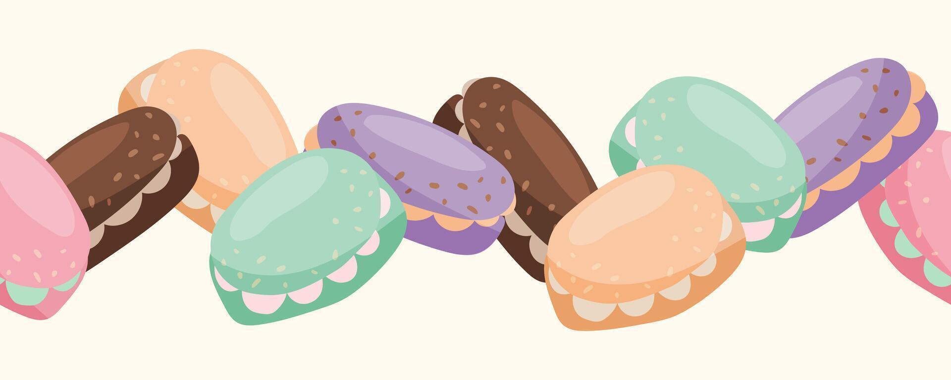 Colorful macarons in various flavors vector