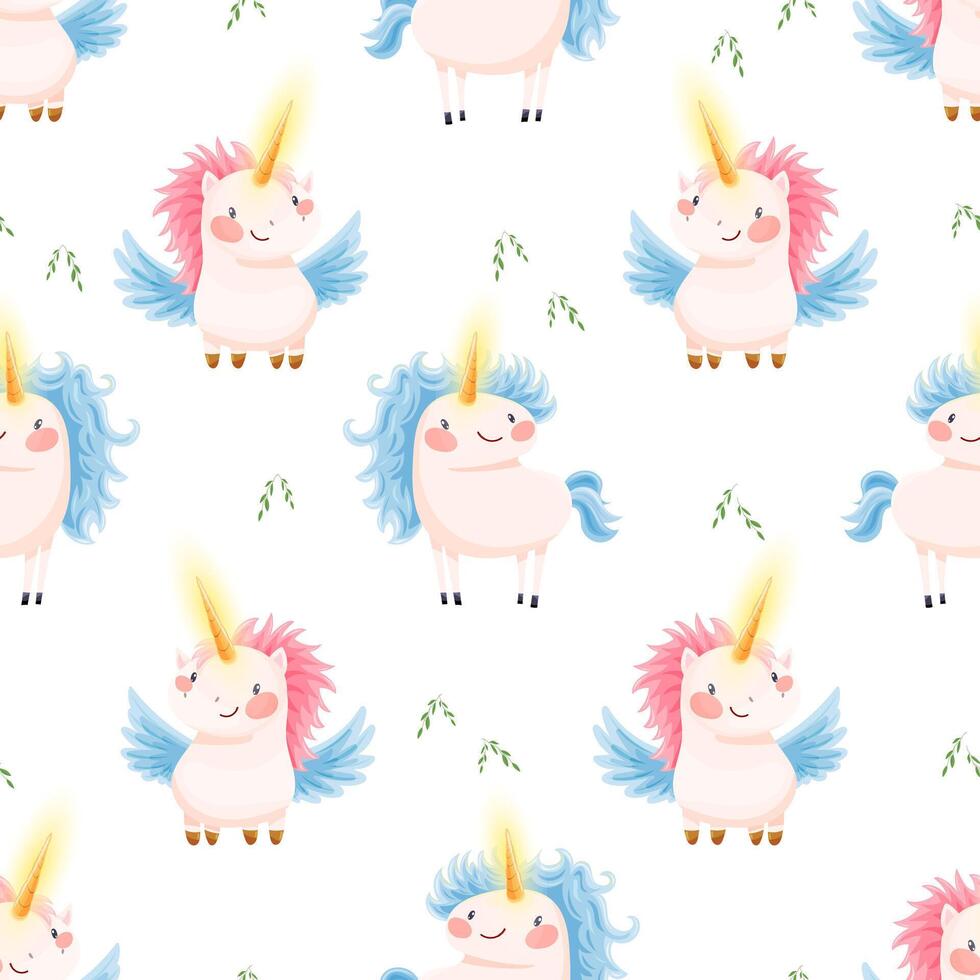 Colorful unicorns with wings pattern vector