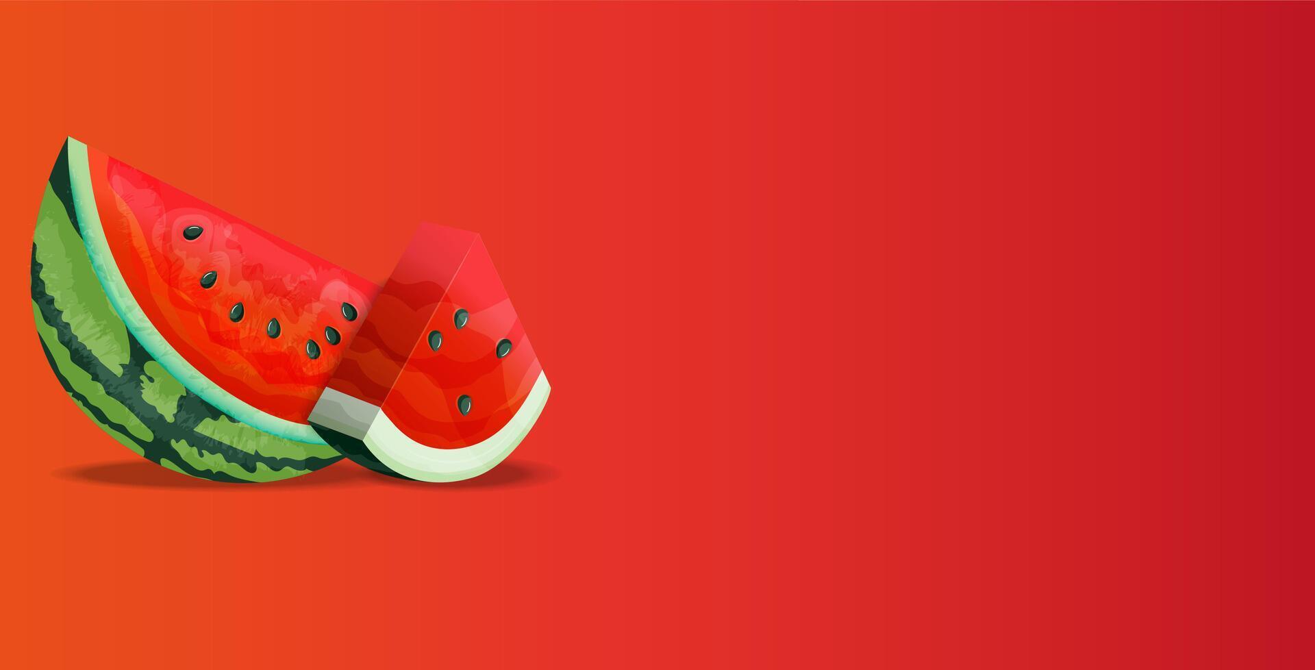 Slices of watermelon with a bright red interior are arranged against a vibrant red background vector