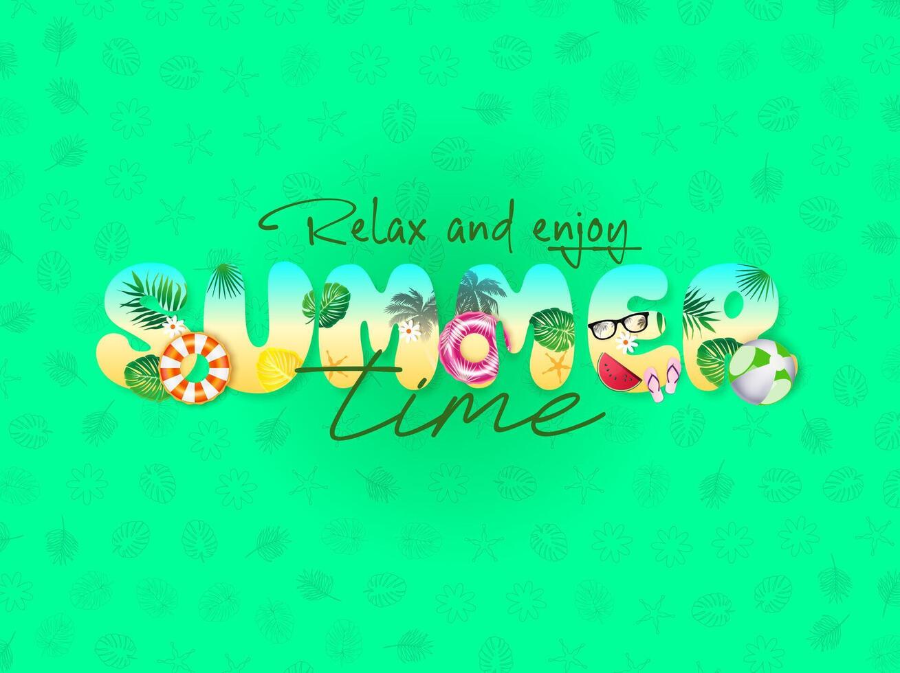 Summer is creatively spelled out with vibrant letters, each adorned with summery elements vector