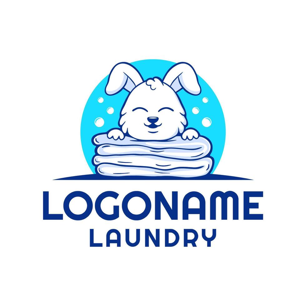 Laundry logo template with cartoon rabbit is laying on a pile of towels, suitable for laundry services logo vector