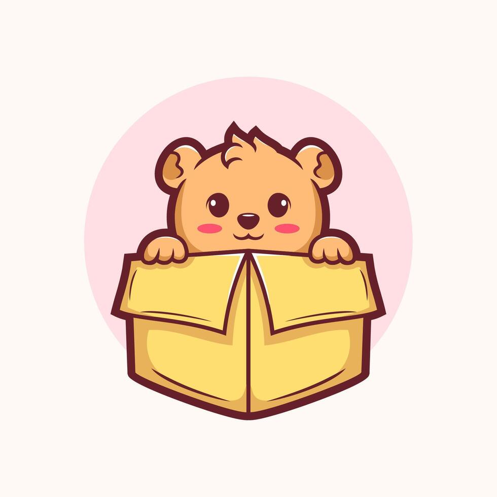 Cartoon bear is peeking out of a cardboard box. The bear is cute and has a big smile on its face vector