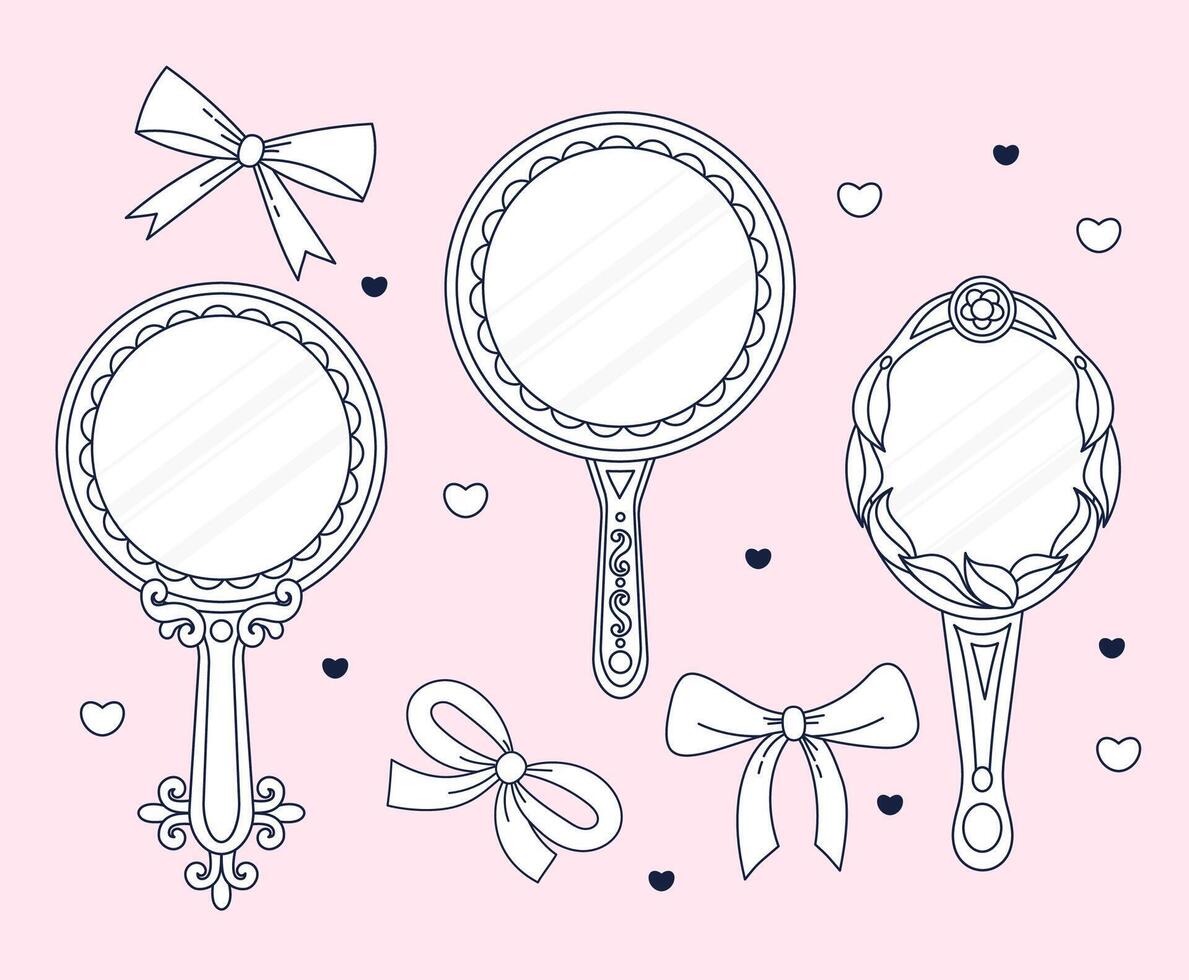 Outline Vintage Coquette Hand Mirror with Ribbon Bow set. Romantic Girly Vibe. Isolated Trendy Aesthetic beauty accessories linear hand drawing vector