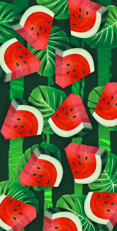 Watermelon slices with green leaves pattern vector