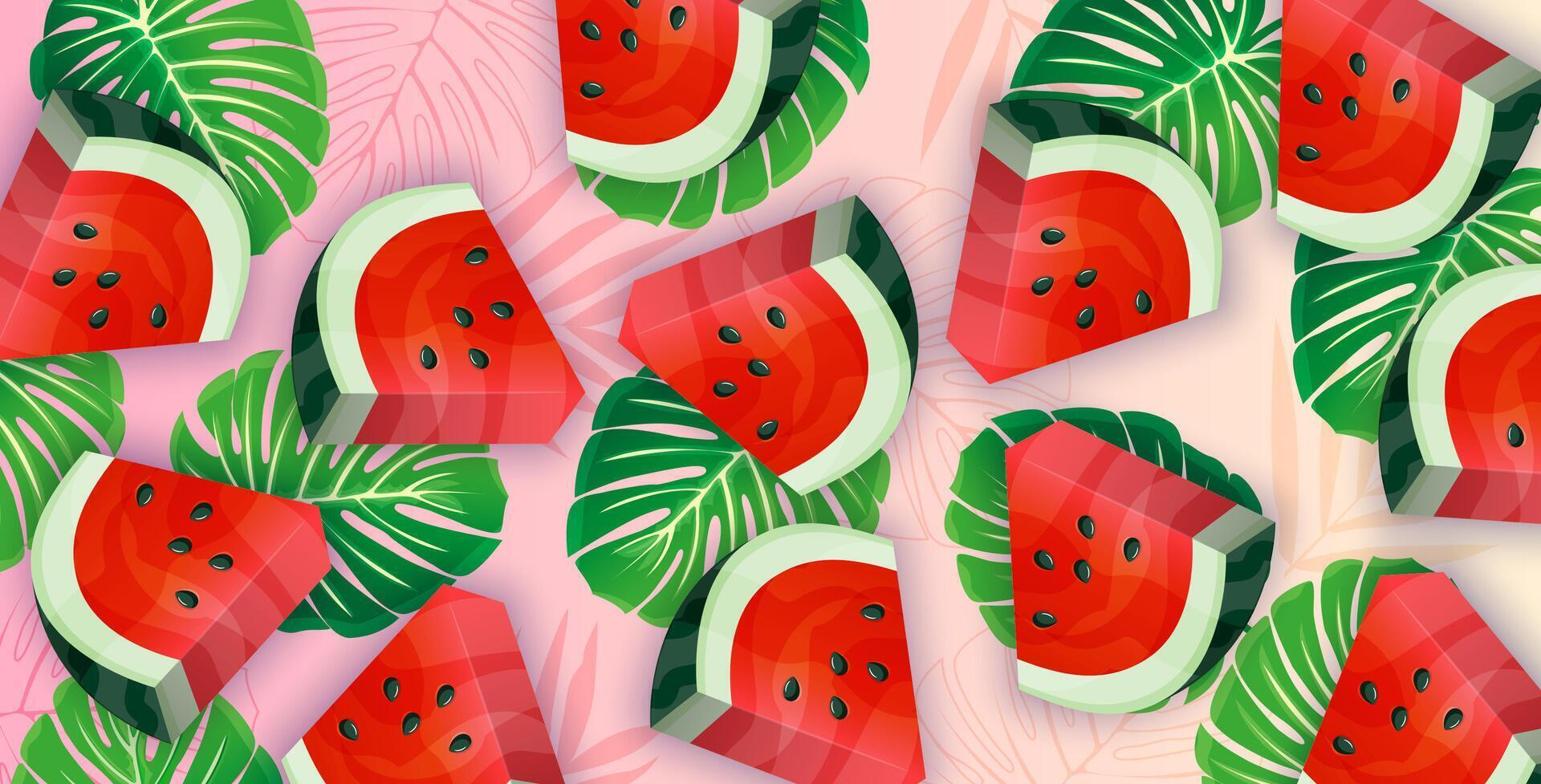 Colorful watermelon slices and tropical leaves vector